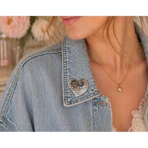 Vintage Heart‎ Brooch Hammered Silver Pink Rhinestone Soft Girl Romantic DD Pin